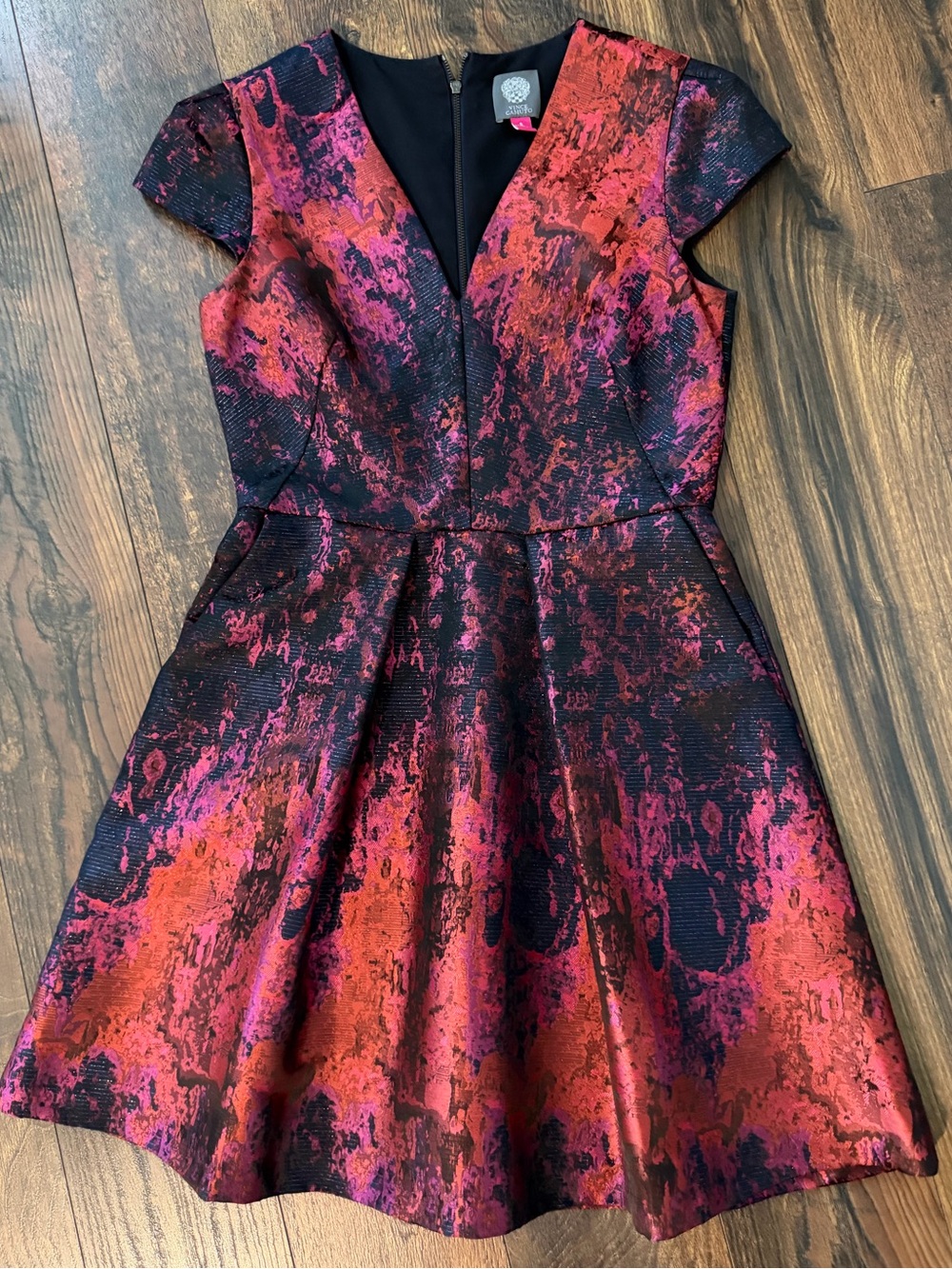 Vince Camuto Red and Pink Textured Fit-and-Flare Midi Dress